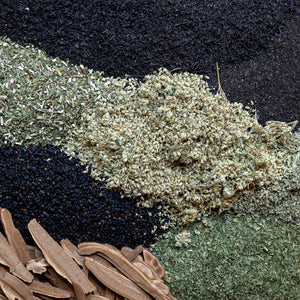 Spices including black pepper, green herbs, and dried roots on a woven surface