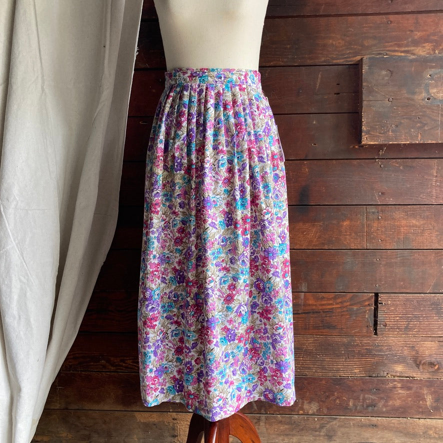 80s Vintage Bright Floral Midi Skirt