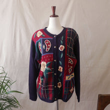 Load image into Gallery viewer, Chunky Knit Embroidered Navy and Burgundy Cardigan
