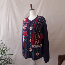 Load image into Gallery viewer, Chunky Knit Embroidered Navy and Burgundy Cardigan
