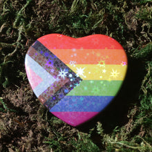 Load image into Gallery viewer, Progress Pride Flag Heart Button Pin
