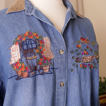 Load image into Gallery viewer, Embroidered Cottage Motif Denim Shirt (2X/3X)

