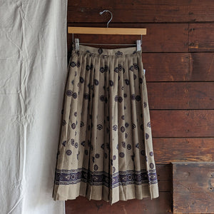 Vintage Patterned Brown Pleated Midi Skirt