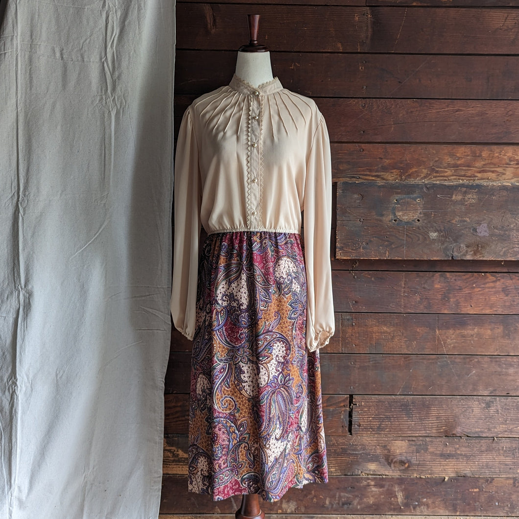 70s Vintage Paisley Polyester Midi Dress