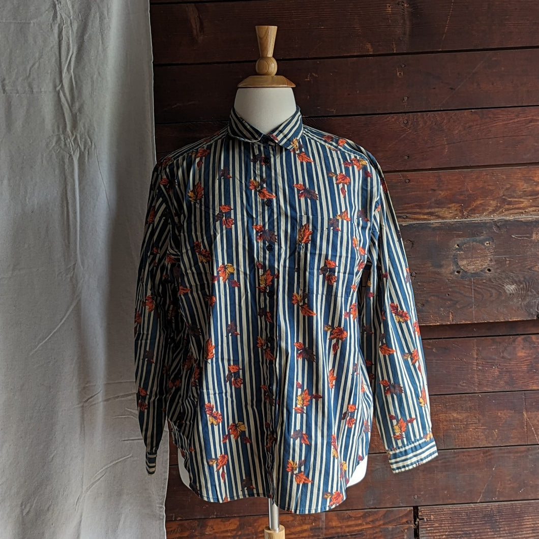 90s Vintage Plus Size Leaf and Stripe Print Button Up Shirt