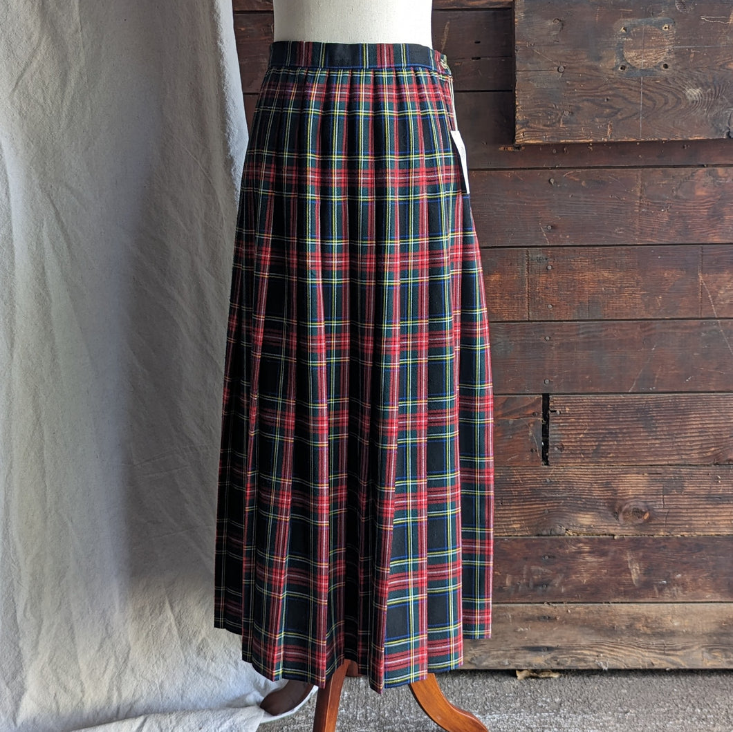 80s Vintage Pleated Plaid Wool Midi Skirt