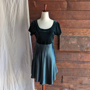 90s Vintage Green Velvet and Satin Skater Dress
