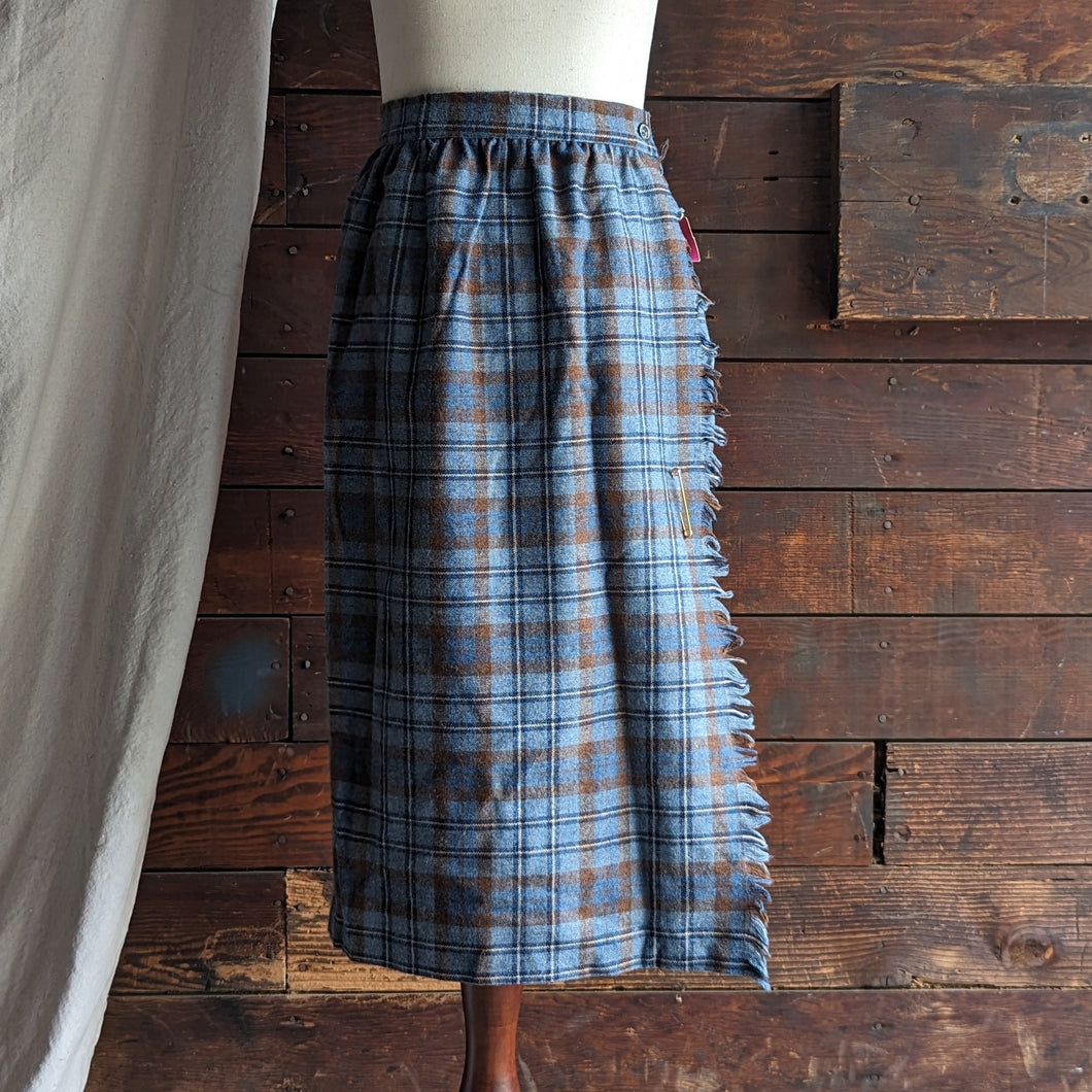 80s Vintage Blue Plaid Wool Blend Wrap Skirt