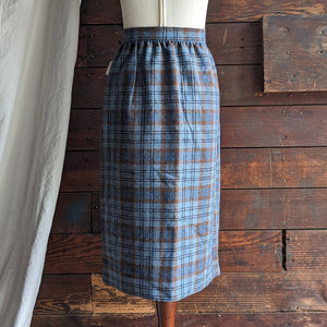 80s Vintage Blue Plaid Wool Blend Wrap Skirt