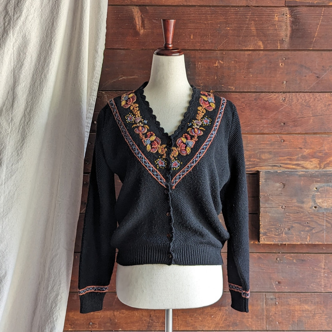 90s Vintage Embroidered Black Wool Cardigan