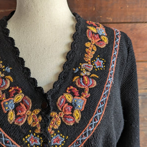 90s Vintage Embroidered Black Wool Cardigan