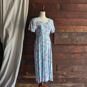 90s Vintage Blue Floral Rayon Midi Dress