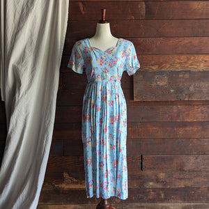 90s Vintage Blue Floral Rayon Midi Dress
