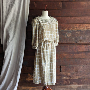80s Vintage Tan and White Midi Dress with Belt