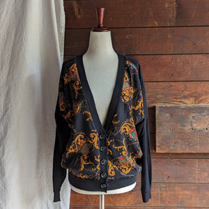 90s Vintage Black and Gold Wool Blend Cardigan
