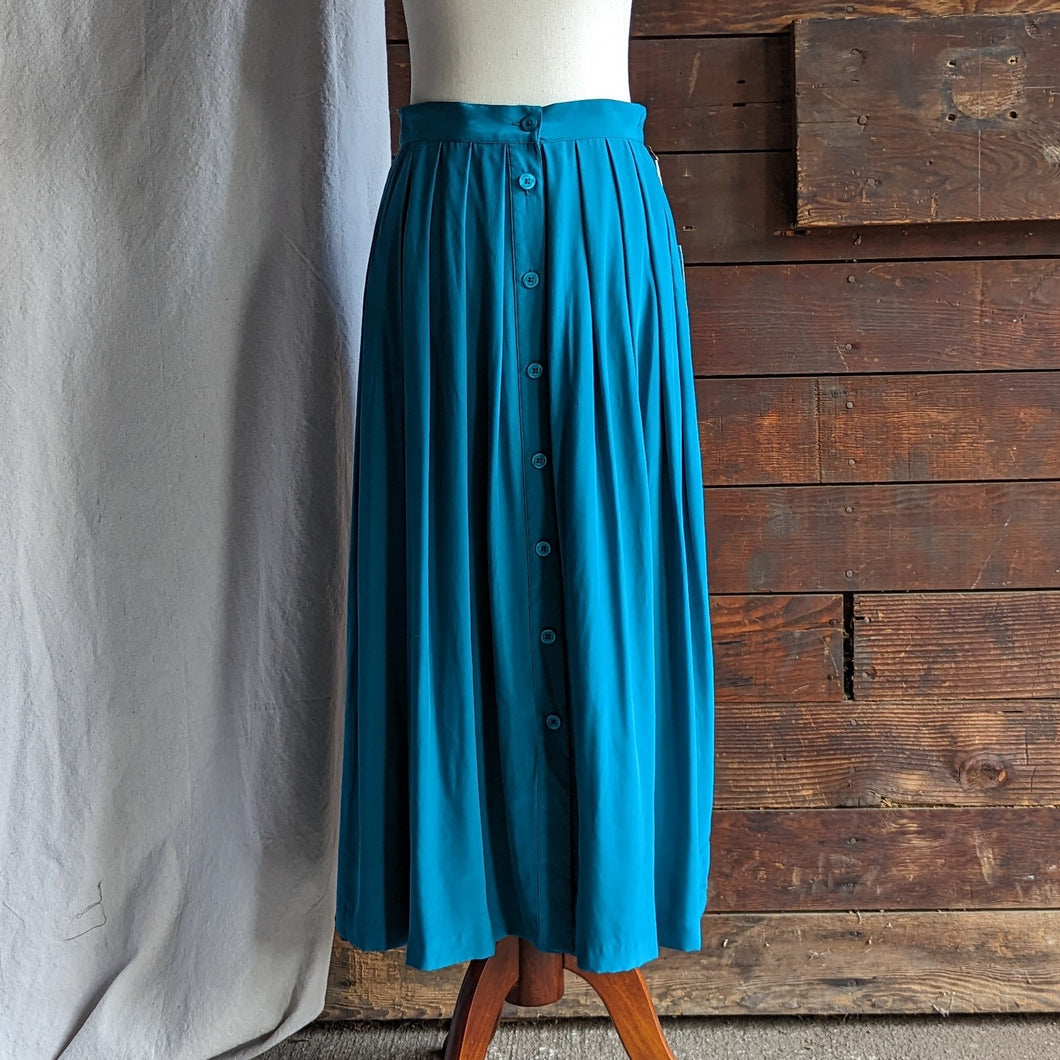 Vintage Blue Pleated Silk Midi Skirt with Pockets