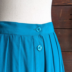Vintage Blue Pleated Silk Midi Skirt with Pockets