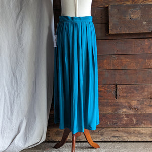 Vintage Blue Pleated Silk Midi Skirt with Pockets