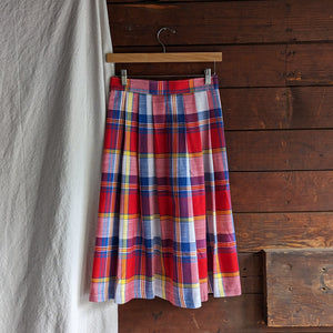 80s Vintage Colorful Plaid Midi Skirt with Buttons