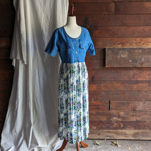 90s Vintage Denim and Floral Rayon Maxi Dress