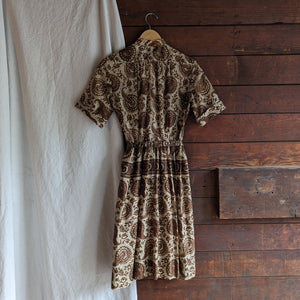 50s/60s Vintage Brown Paisley A Line Dress with Belt