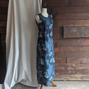 90s Vintage Grey-Blue Floral Polyester Maxi Dress