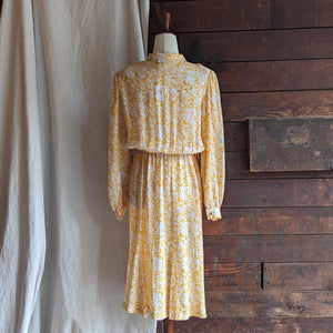 80s/90s Vintage Yellow Floral Polyester Midi Dress with Belt