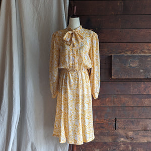 80s/90s Vintage Yellow Floral Polyester Midi Dress with Belt