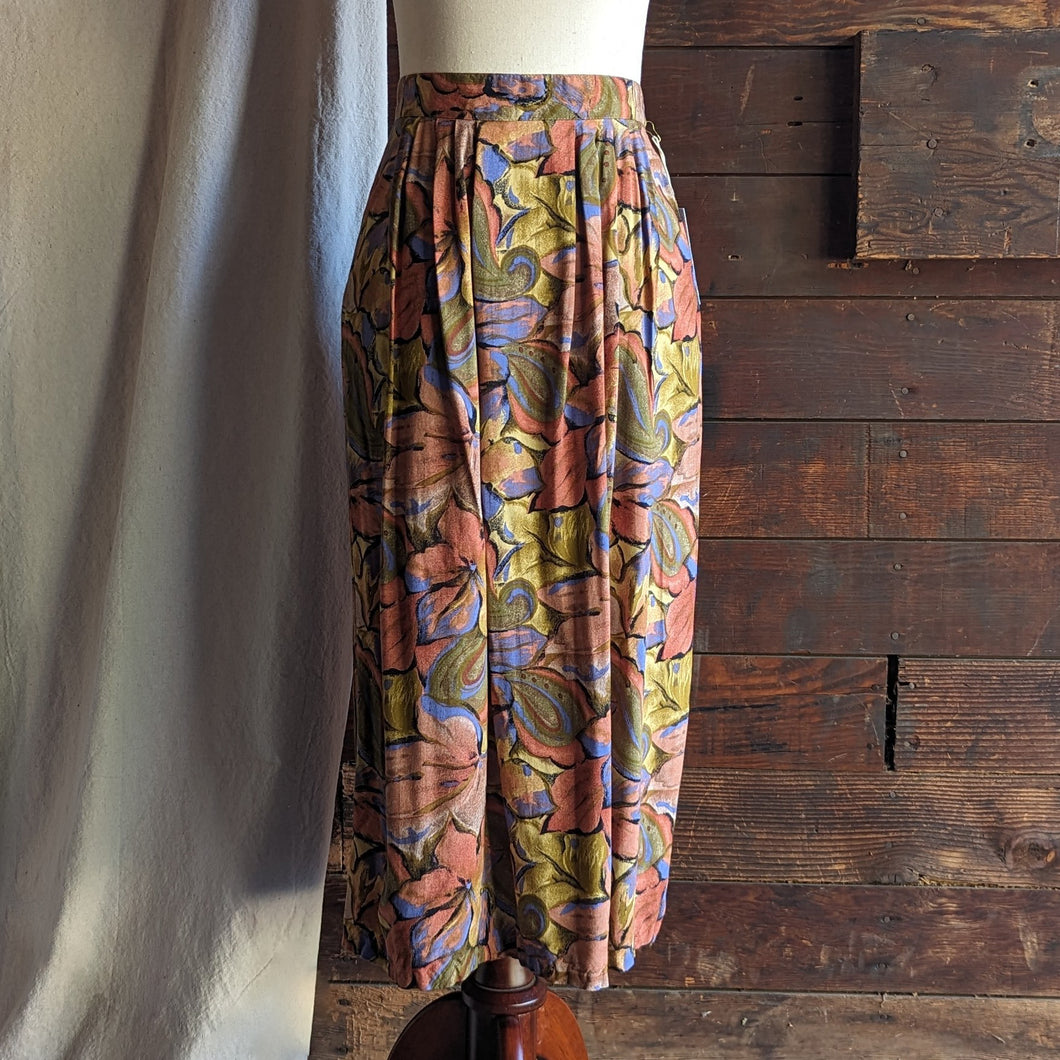 80s Vintage Multicolored Rayon Midi Skirt with Pockets