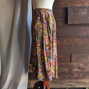 80s Vintage Multicolored Rayon Midi Skirt with Pockets