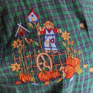 90s Vintage Blue and Green Embroidered Autumn Shirt
