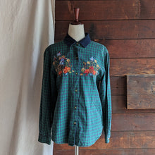 Load image into Gallery viewer, 90s Vintage Blue and Green Embroidered Autumn Shirt
