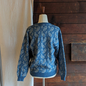 80s Vintage Blue Paisley Wool Blend Sweater