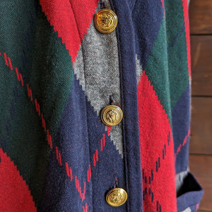 90s Vintage Argyle Cotton Knit Cardigan