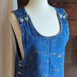 90s Vintage Embroidered Denim Jumper Dress
