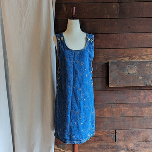 90s Vintage Embroidered Denim Jumper Dress
