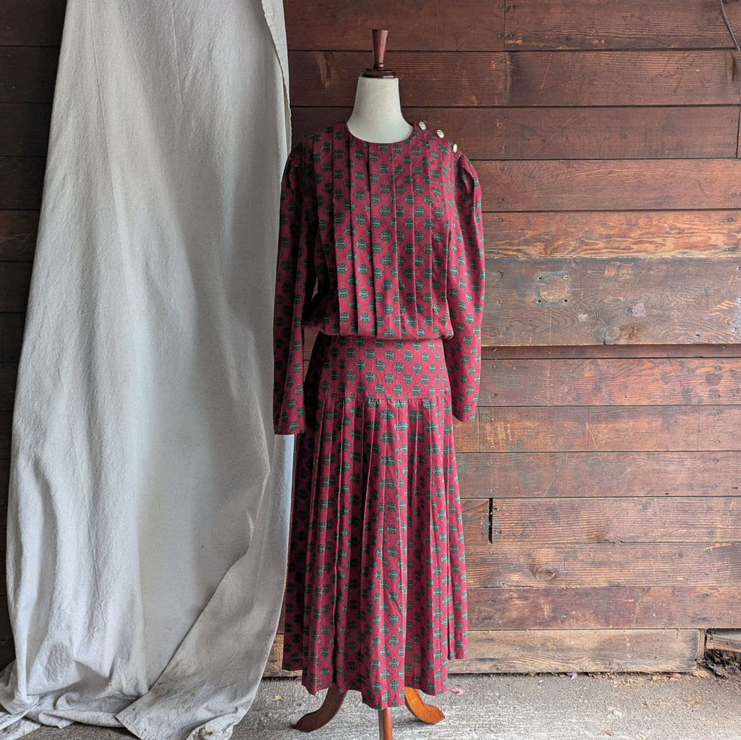 80s/90s Vintage Drop-Waist Red Printed Dress