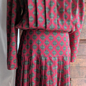 80s/90s Vintage Drop-Waist Red Printed Dress