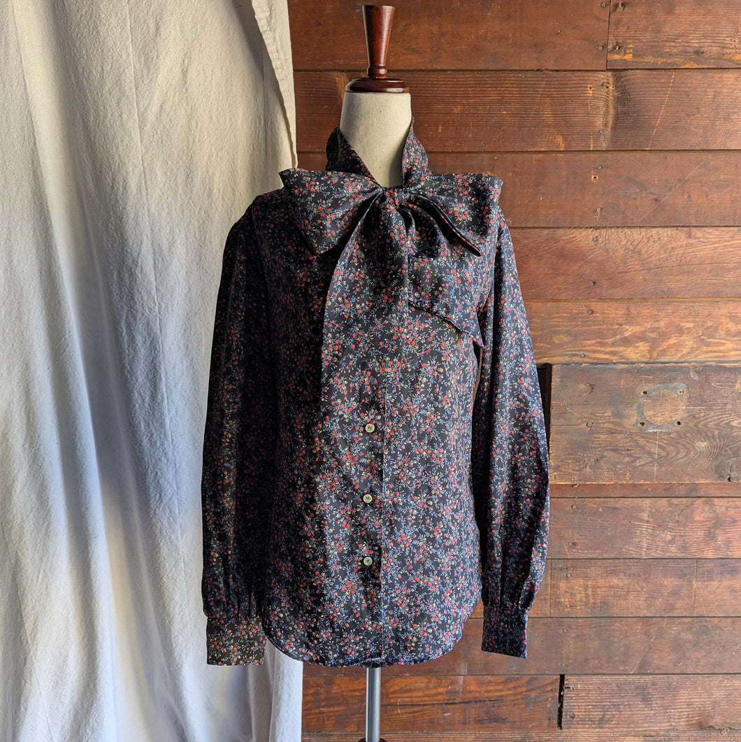 80s Vintage Black Floral Bow Blouse