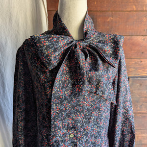 80s Vintage Black Floral Bow Blouse