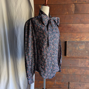 80s Vintage Black Floral Bow Blouse