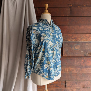 90s Vintage Teal Floral Print Button Up Shirt