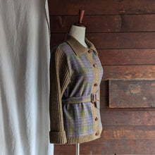 Load image into Gallery viewer, 90s Vintage Brown Plaid Wool Blend Cardigan with Belt
