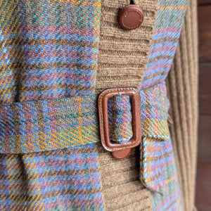 90s Vintage Brown Plaid Wool Blend Cardigan with Belt