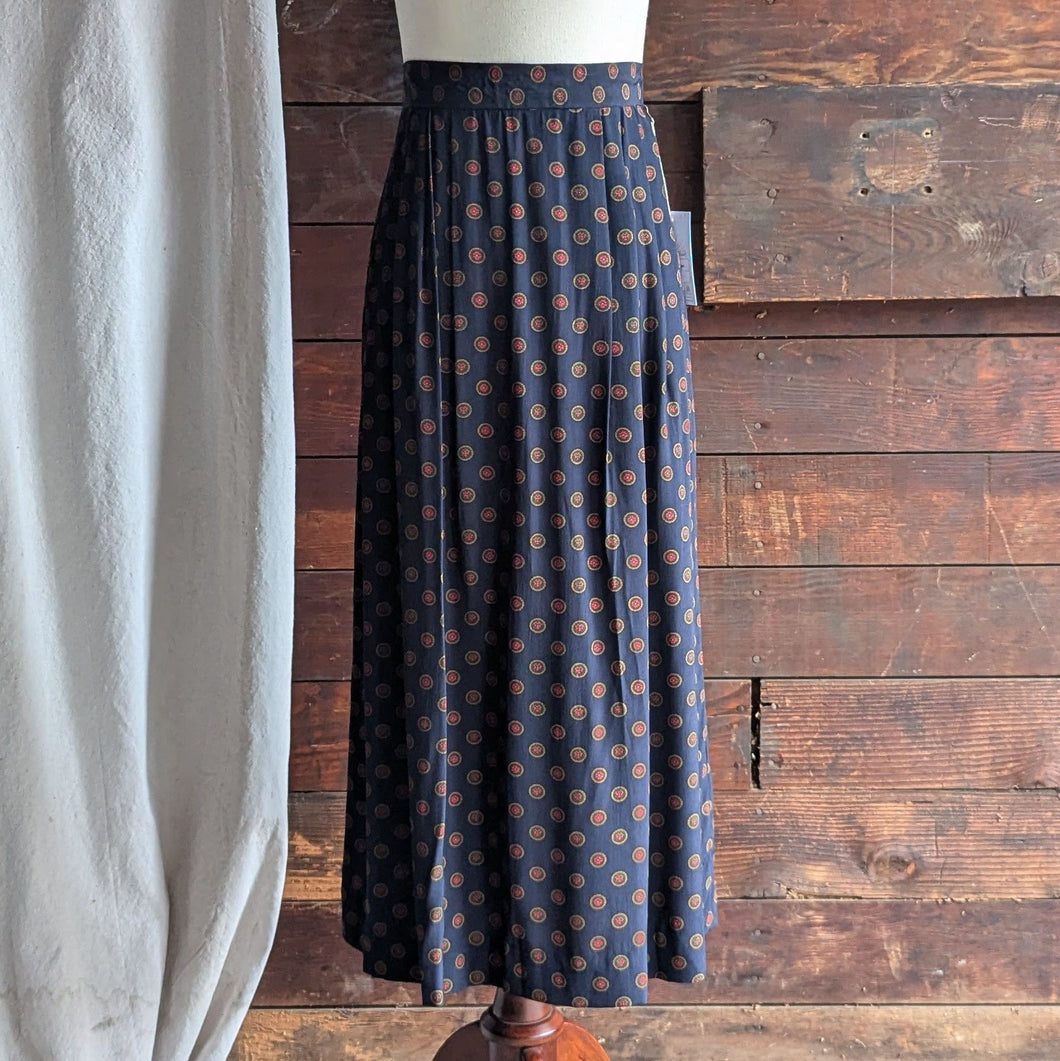 90s Vintage Navy and Red Pleated Rayon Maxi Skirt