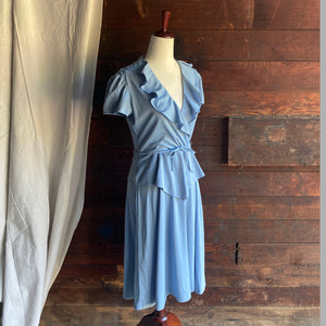 70s Vintage Blue Polyester Faux Wrap Dress