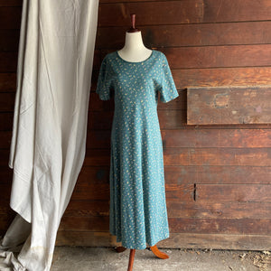 90s Vintage Green Floral Cotton Knit Maxi Dress