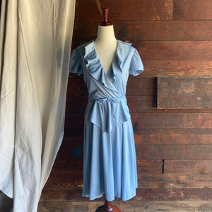 70s Vintage Blue Polyester Faux Wrap Dress