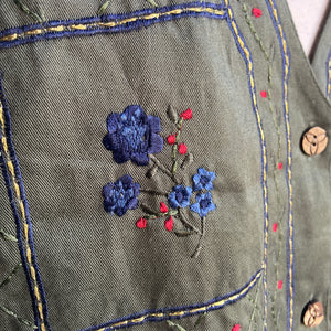 90s Vintage Plus Size Embroidered Green Cotton Vest