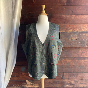 90s Vintage Plus Size Embroidered Green Cotton Vest